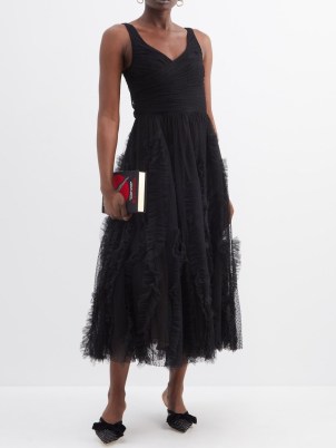 JASON WU COLLECTION V-neck fringed nylon-tulle dress in black ~ sleevelss fit and flare occasion dresses ~ feminine event clothes ~ women’s designer clothing ~ luxury sheer overlay fashion - flipped