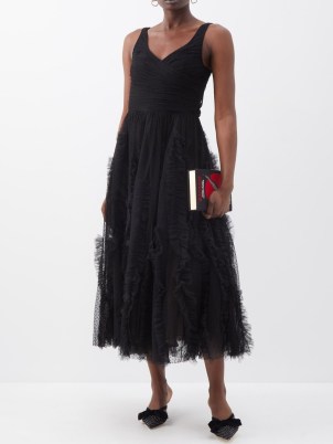 JASON WU COLLECTION V-neck fringed nylon-tulle dress in black ~ sleevelss fit and flare occasion dresses ~ feminine event clothes ~ women’s designer clothing ~ luxury sheer overlay fashion