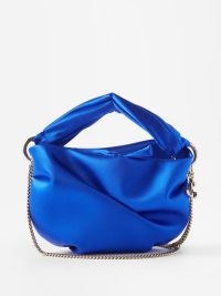 JIMMY CHOO Bonny chain-strap satin clutch bag in blue ~ small silky twisted top handle bags ~ luxury occasion handbags ~ luxe designer evening accessories ~ slouchy design