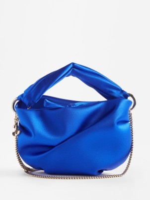 JIMMY CHOO Bonny chain-strap satin clutch bag in blue ~ small silky twisted top handle bags ~ luxury occasion handbags ~ luxe designer evening accessories ~ slouchy design - flipped