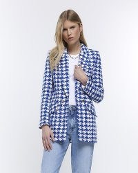 RIVER ISLAND BLUE DOGTOOTH BOUCLE BLAZER ~ women’s textured checked blazers ~ womens large houndstooth print jackets
