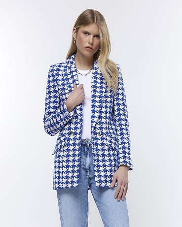 RIVER ISLAND BLUE DOGTOOTH BOUCLE BLAZER ~ women’s textured checked blazers ~ womens large houndstooth print jackets - flipped