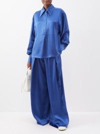 S.S. DALEY Fergus balloon-sleeve silk-crepe shirt in blue – silky oversized collar shirts – women’s luxury clothes – fluid clothing