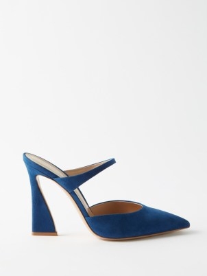 GIANVITO ROSSI 105 suede point-toe pumps in blue – angled block heels – women’s desigher shoes - flipped