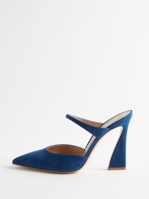 GIANVITO ROSSI 105 suede point-toe pumps in blue – angled block heels – women’s desigher shoes