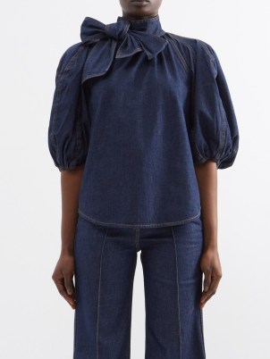 ZIMMERMANN Tie-neck puff-sleeve denim blouse in blue | women’s balloon sleeved blouses | womens designer clothing | pussy bow tops - flipped