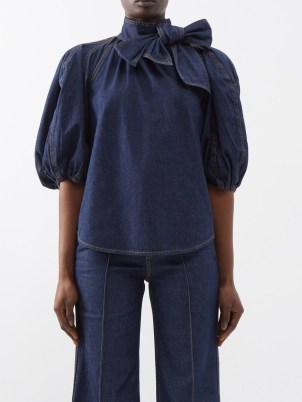 ZIMMERMANN Tie-neck puff-sleeve denim blouse in blue | women’s balloon sleeved blouses | womens designer clothing | pussy bow tops