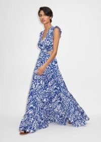 ME and EM Bold Paisley Print Cheesecloth Cut-Out Maxi Dress in Cream/Electric Blue / sleeveless ruffle trim dresses / ruffled fit and flare