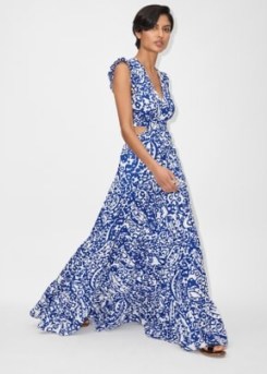ME and EM Bold Paisley Print Cheesecloth Cut-Out Maxi Dress in Cream/Electric Blue / sleeveless ruffle trim dresses / ruffled fit and flare - flipped