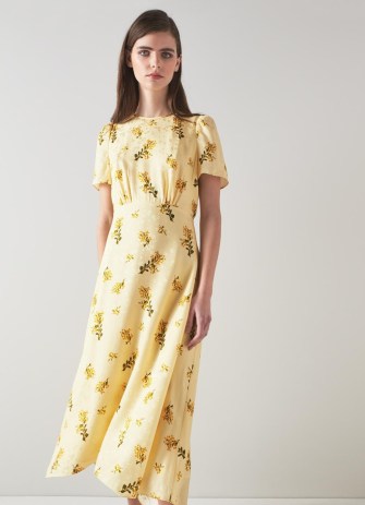 L.K. Bennett Boyd Cream Mimosa Print Silk Midi Dress | womens luxury tea dresses | silky vintage style fashion | luxury retro clothing | women’s floral occasion clothes | flowing asymmetric hem