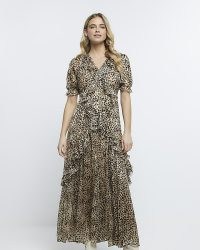 RIVER ISLAND BROWN ANIMAL PRINT MAXI DRESS ~ ruffled leopard dresses