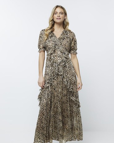 RIVER ISLAND BROWN ANIMAL PRINT MAXI DRESS ~ ruffled leopard dresses - flipped