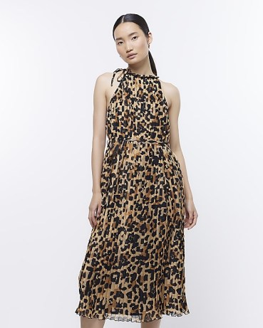 RIVER ISLAND BROWN PLEATED ANIMAL PRINT MIDI DRESS ~ sleeveless high neck leopard dresses - flipped