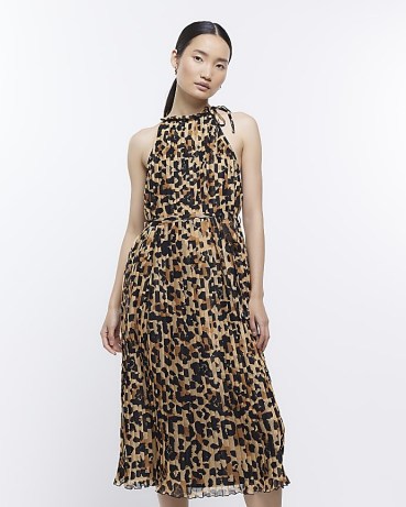RIVER ISLAND BROWN PLEATED ANIMAL PRINT MIDI DRESS ~ sleeveless high neck leopard dresses