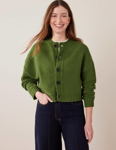 Boden Brushed Wool Cropped Cardigan in Park Ranger ~ women’s green crop hem cardigans - flipped