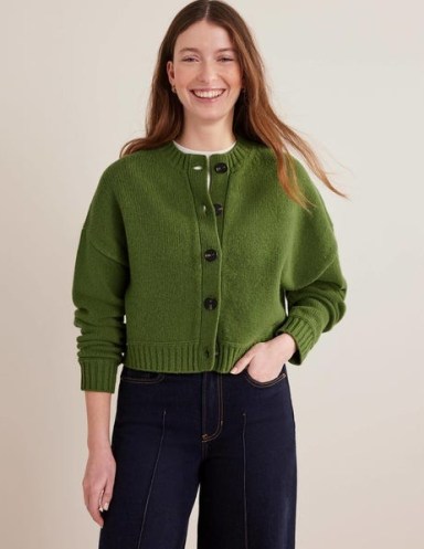 Boden Brushed Wool Cropped Cardigan in Park Ranger ~ women’s green crop hem cardigans