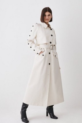KAREN MILLEN Button Detail Belted Maxi Trench Coat in Ivory ~ women’s contemporary longline coats ~ womens luxury clothing