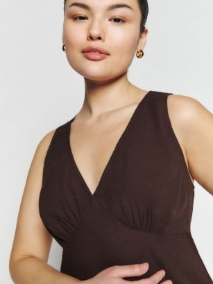 Reformation Calix Dress in Cafe – dark brown sleeveless mini dresses with a ruched underbust - flipped