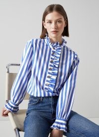 L.K. BENNETT Camille Blue and White Stripe Cotton-Silk Ruffle Blouse – high ruffled neck blouses – frill trim tops – women’s clothes – fresh stripes