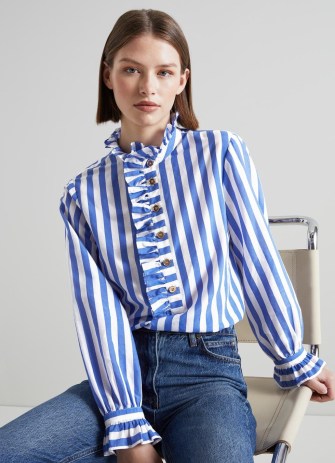 L.K. BENNETT Camille Blue and White Stripe Cotton-Silk Ruffle Blouse – high ruffled neck blouses – frill trim tops – women’s clothes – fresh stripes - flipped