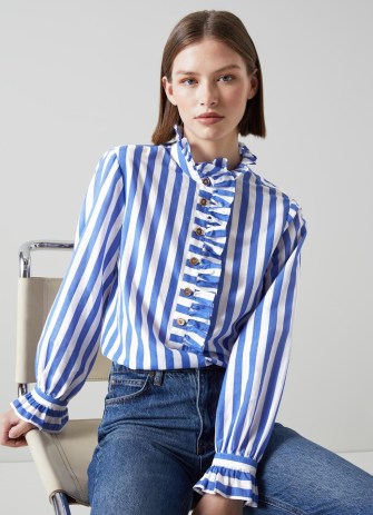 L.K. BENNETT Camille Blue and White Stripe Cotton-Silk Ruffle Blouse – high ruffled neck blouses – frill trim tops – women’s clothes – fresh stripes