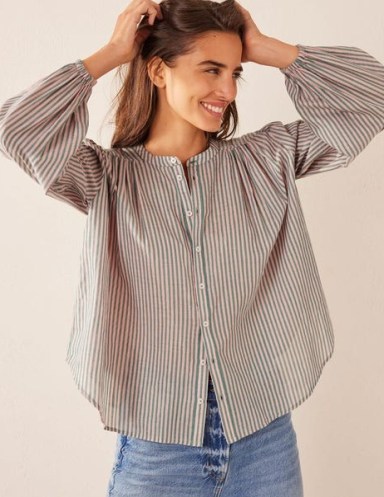 Boden Circle Cut Peasant Blouse Pink and Green Lurex Stripe – striped metallic fibre blouses – women’s balloon sleeve cotton tops - flipped