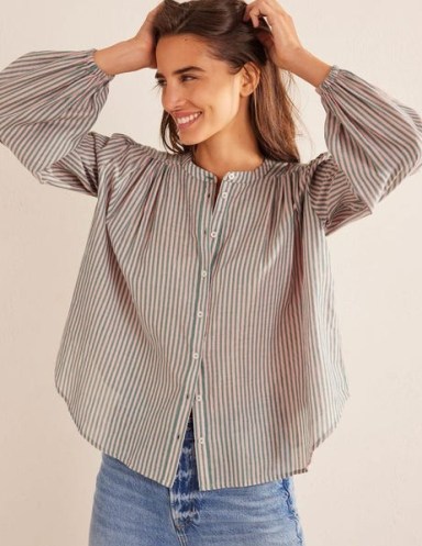 Boden Circle Cut Peasant Blouse Pink and Green Lurex Stripe – striped metallic fibre blouses – women’s balloon sleeve cotton tops