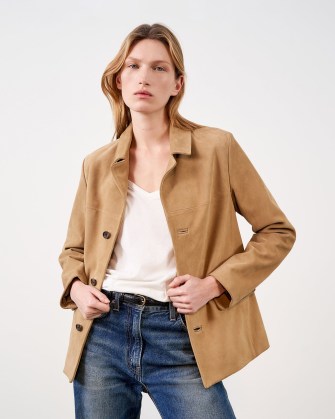 NILI LOTAN CLAUDE SUEDE JACKET in BEIGE – women’s luxury relaxed fit jackets – luxe casual outerwear – womens designer clothing - flipped