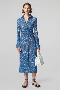 ALTUZARRA CLAUDIA DRESS in Heron Blue – printed long sleeve shirt dresses – women’s luxury clothes – ruched detail clothing