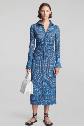 ALTUZARRA CLAUDIA DRESS in Heron Blue – printed long sleeve shirt dresses – women’s luxury clothes – ruched detail clothing - flipped
