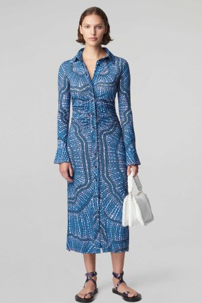 ALTUZARRA CLAUDIA DRESS in Heron Blue – printed long sleeve shirt dresses – women’s luxury clothes – ruched detail clothing