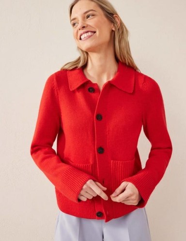 Boden Collared Cardigan in High Risk Red | button up pocket detail cardigans | women’s vibrant knitwear | retro knits | womens clothes - flipped