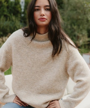 JENNI KAYNE Oversized Cotton Pullover in Oatmeal ~ women’s neutral turtleneck pullovers ~ luxury mock neck jumpers ~ womens luxe sweaters - flipped