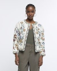 RIVER ISLAND CREAM FLORAL QUILTED JACKET ~ women’s embroidered jackets ~ collarless ~ open front ~ womens fashion