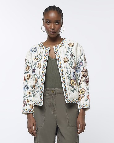 RIVER ISLAND CREAM FLORAL QUILTED JACKET ~ women’s embroidered jackets ~ collarless ~ open front ~ womens fashion - flipped