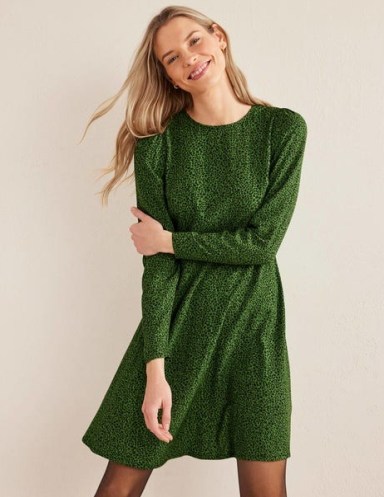 Boden Crew Neck Fit-and-Flare Dress in Park Ranger, Sunflower Pop ~ women’s green long sleeve skater dresses ~ womens day wear clothing ~ ditsy floral print clothes