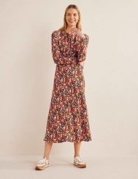 Boden Crew Neck Midi Tea Dress in Multi, Peony Pop / long sleeve empire waist dresses / women’s floral print day fashion