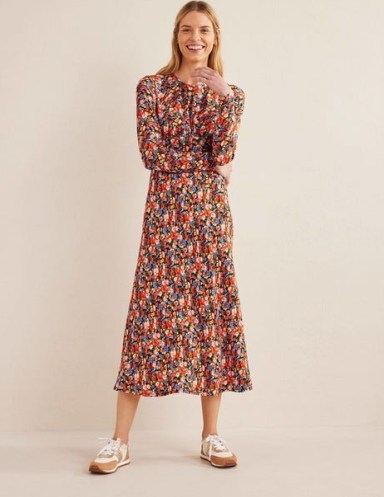 Boden Crew Neck Midi Tea Dress in Multi, Peony Pop / long sleeve empire waist dresses / women’s floral print day fashion