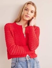 Boden Crochet Cardigan in High Risk Red / women’s cropped open front cardigans / textured open knits / womens knitwear