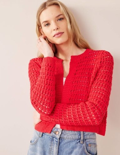 Boden Crochet Cardigan in High Risk Red / women’s cropped open front cardigans / textured open knits / womens knitwear - flipped