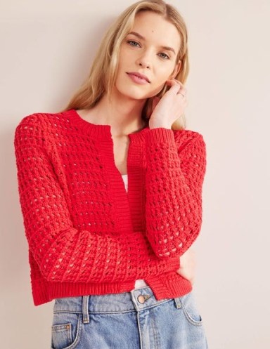 Boden Crochet Cardigan in High Risk Red / women’s cropped open front cardigans / textured open knits / womens knitwear