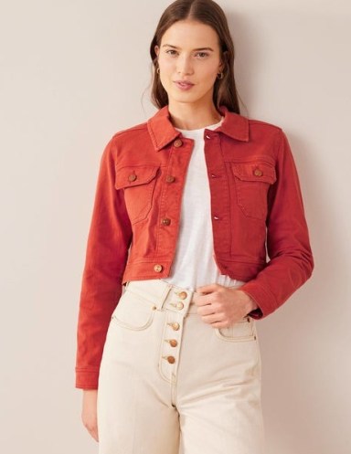 Boden Cropped Casual Cotton Jacket in Tomato / women’s red crop hem jackets - flipped