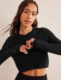 Boden Cropped Crochet Jumper in Black / long sleeve crop hem jumpers
