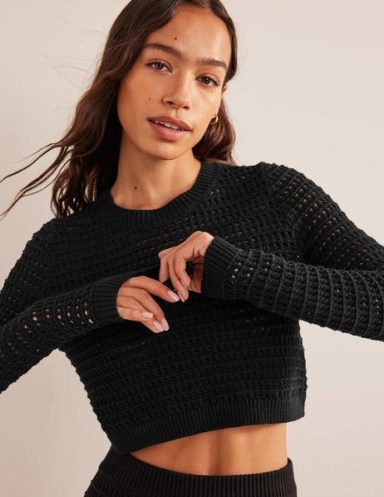 Boden Cropped Crochet Jumper in Black / long sleeve crop hem jumpers