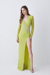 KAREN MILLEN Crystal Embellished Draped Front Maxi Dress in Apple Green ~ long sleeve thigh high slit occasion dresses ~ glamorous sequinned evening event clothes ~ sequins and crystals