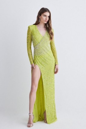 KAREN MILLEN Crystal Embellished Draped Front Maxi Dress in Apple Green ~ long sleeve thigh high slit occasion dresses ~ glamorous sequinned evening event clothes ~ sequins and crystals - flipped