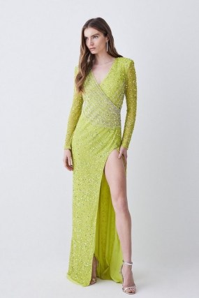 KAREN MILLEN Crystal Embellished Draped Front Maxi Dress in Apple Green ~ long sleeve thigh high slit occasion dresses ~ glamorous sequinned evening event clothes ~ sequins and crystals