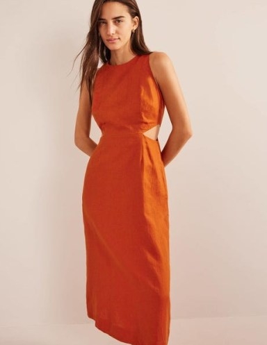 Boden Cut Out Linen Midi Dress in Rust / women’s cutout clothes / lightweight sleeveless orange-brown dresses - flipped