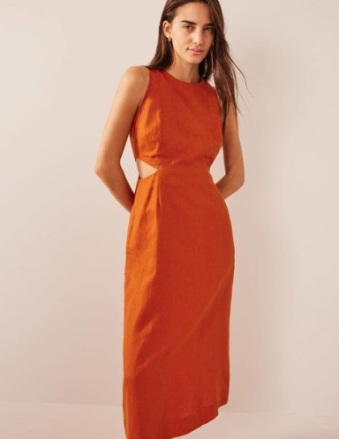 Boden Cut Out Linen Midi Dress in Rust / women’s cutout clothes / lightweight sleeveless orange-brown dresses