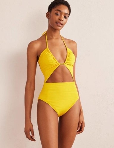 Boden Cut-out Detail String Swimsuit in Saffron Yellow Seersucker / women’s yellow halterneck swimsuits / womens strappy halter swimwear - flipped